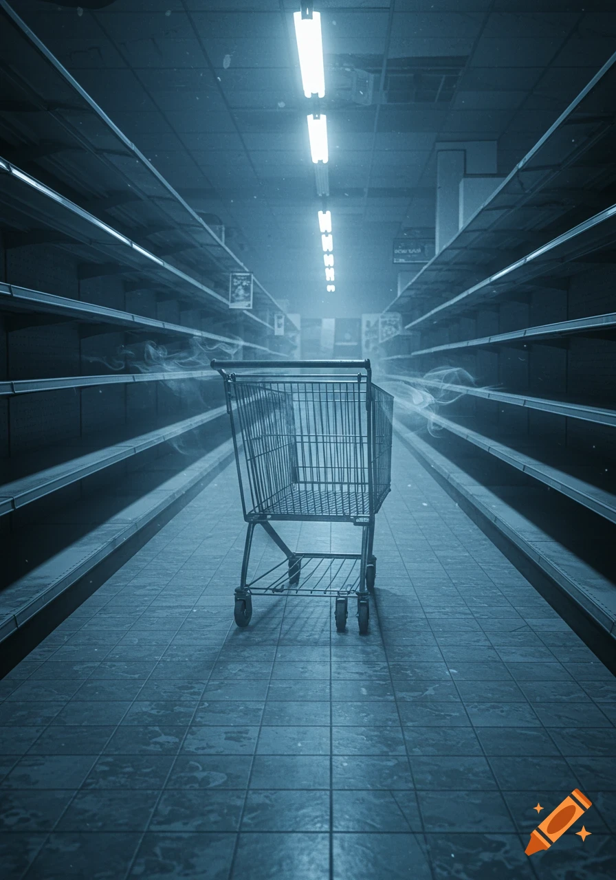 An eerie, dimly lit supermarket aisle with bare shelves and a single shopping cart surrounded by mist.