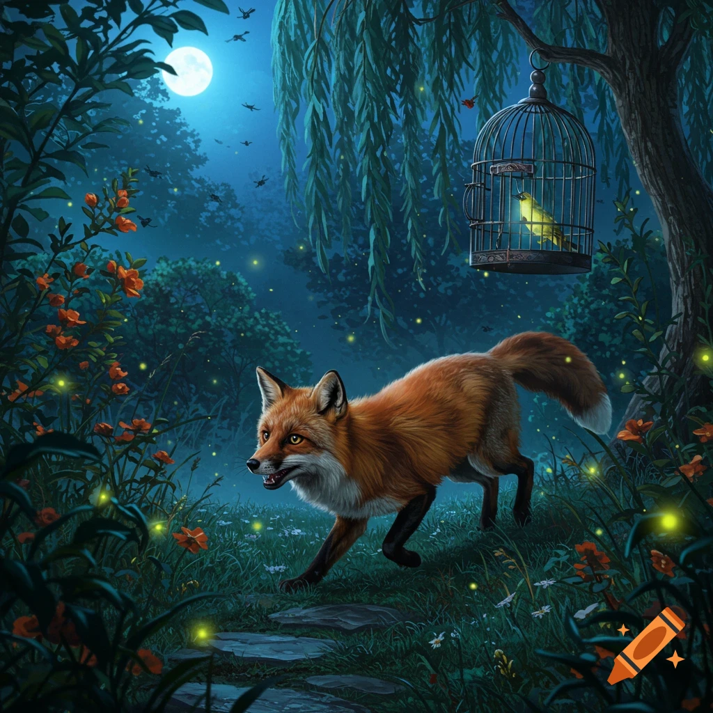 A red fox stalks through a magical forest at night, looking intently at a yellow bird in a cage hanging from a tree, under a full moon.