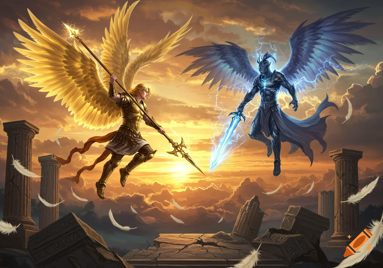 A golden-winged angelic warrior with a spear fights a dark-winged demonic figure with a glowing sword over ancient ruins at sunset.