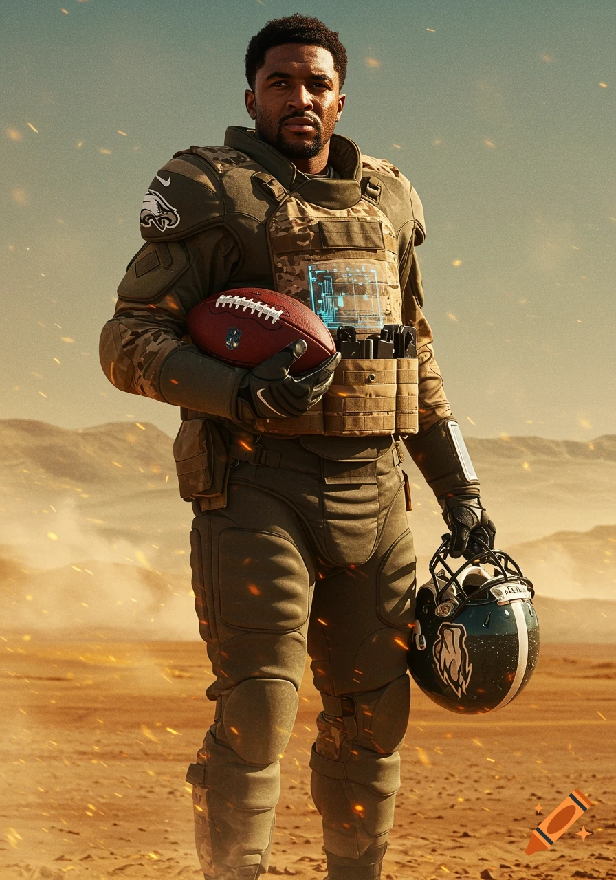 A man resembling Jalen Hurts in a futuristic military-style uniform holds a football and an Eagles helmet in a desert landscape.