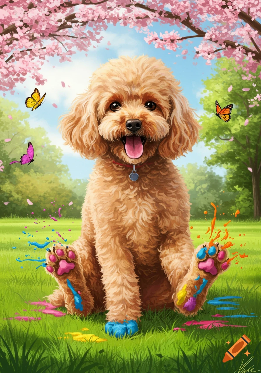 A fluffy golden poodle sits happily in a spring park under cherry blossoms, its paws covered in colorful paint splatters, with butterflies.