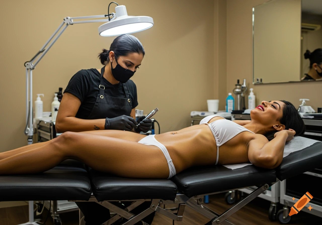A masked piercer prepares a navel piercing for a smiling woman in a white bikini, lying on a stretcher in a modern parlor.