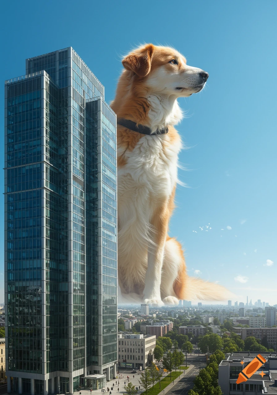 Photorealistic giant golden-white dog sitting next to a modern skyscraper overlooking a city, clear blue sky.