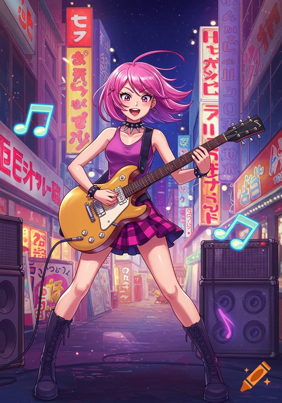 An anime girl with pink hair, wearing a purple top and plaid skirt, plays an electric guitar in a neon-lit Japanese city street at night. Two large speakers stand on either side of her, and musical notes float in the air.