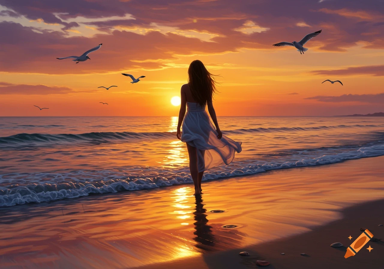 Photorealistic image of a woman in a white dress walking on a beach at sunset with seagulls flying above.