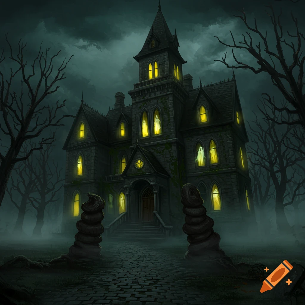 Illustrative dark gothic haunted house with glowing yellow windows, ghostly figures, bare trees, and mist at night.