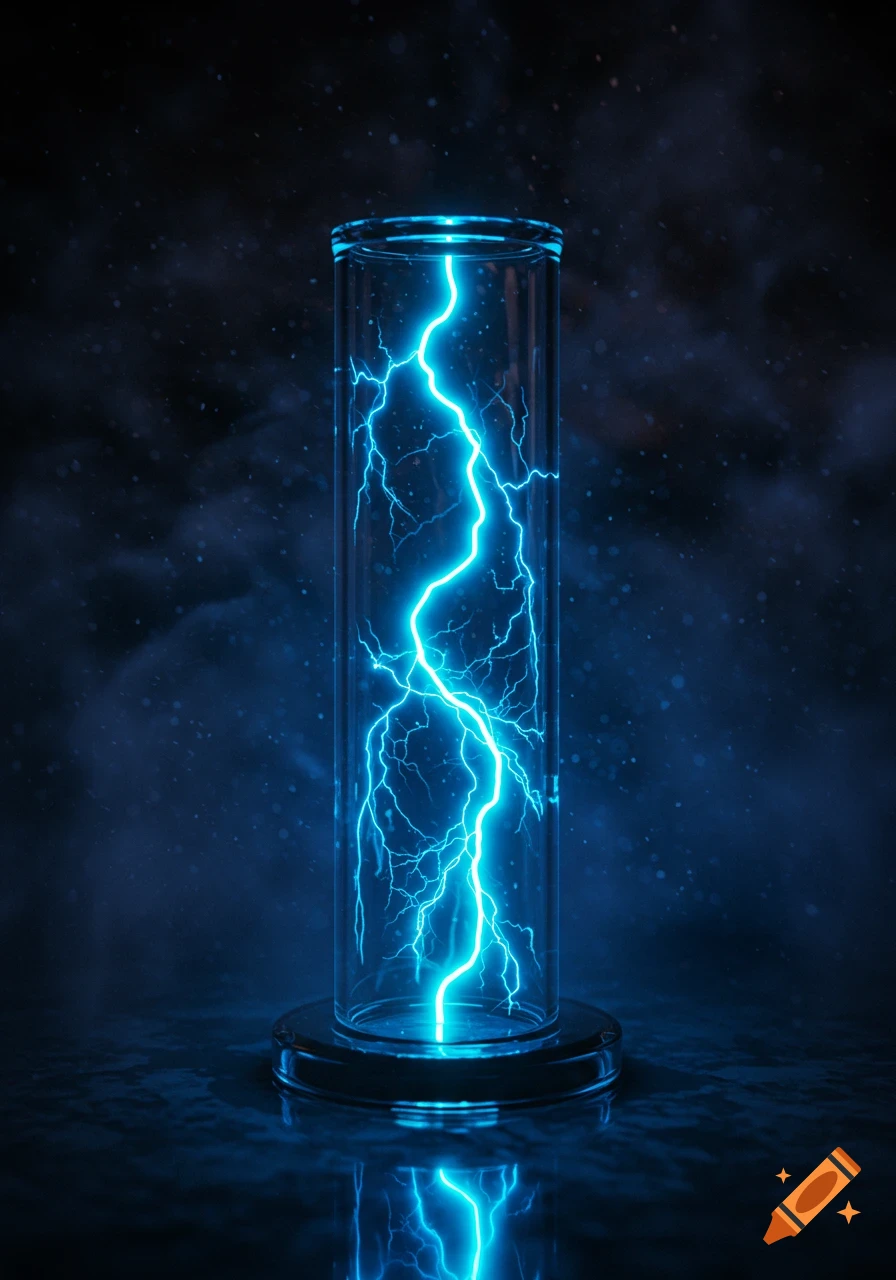 A tall glass tube filled with vibrant blue electrical lightning stands on a reflective surface against a dark, smoky background.