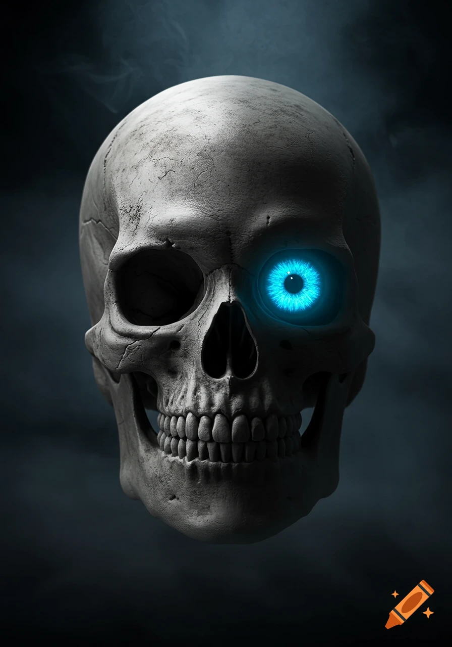 A photorealistic human skull with one vibrant glowing blue eye floats against a dark, smoky background.