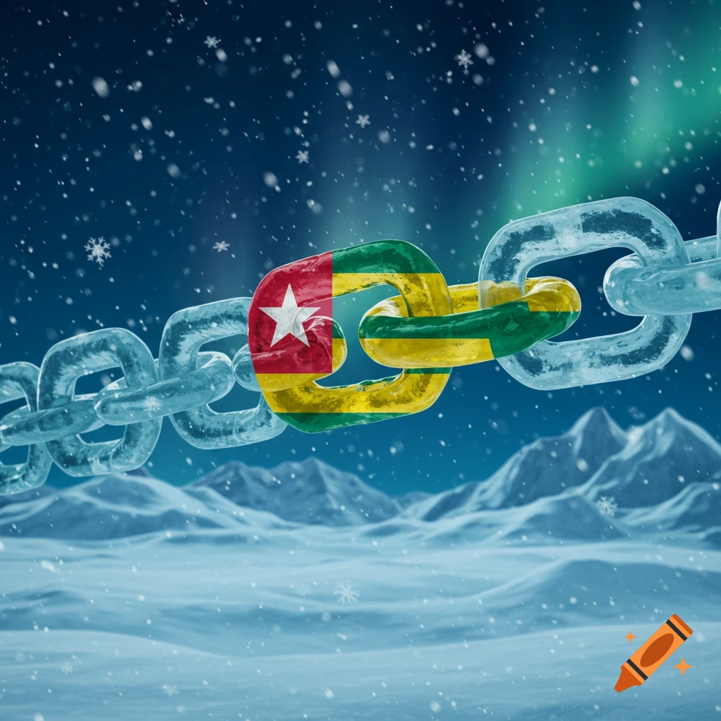 An ice chain with one link showing the Togolese flag, set in a snowy landscape with mountains under an aurora borealis sky.