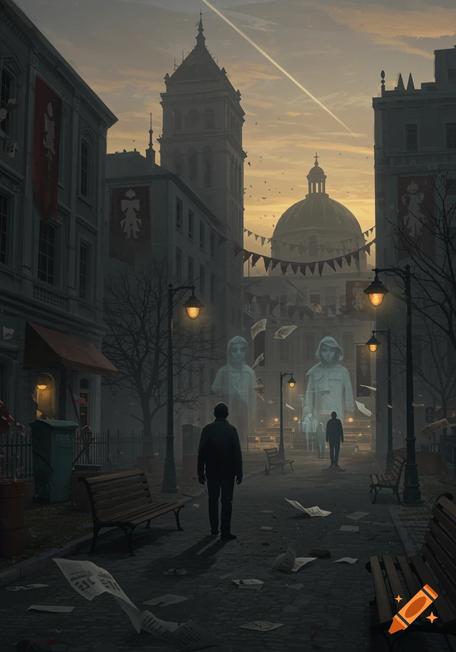 Dystopian city street at dusk with a lone figure and ghostly apparitions amidst historic buildings, illuminated by streetlights.