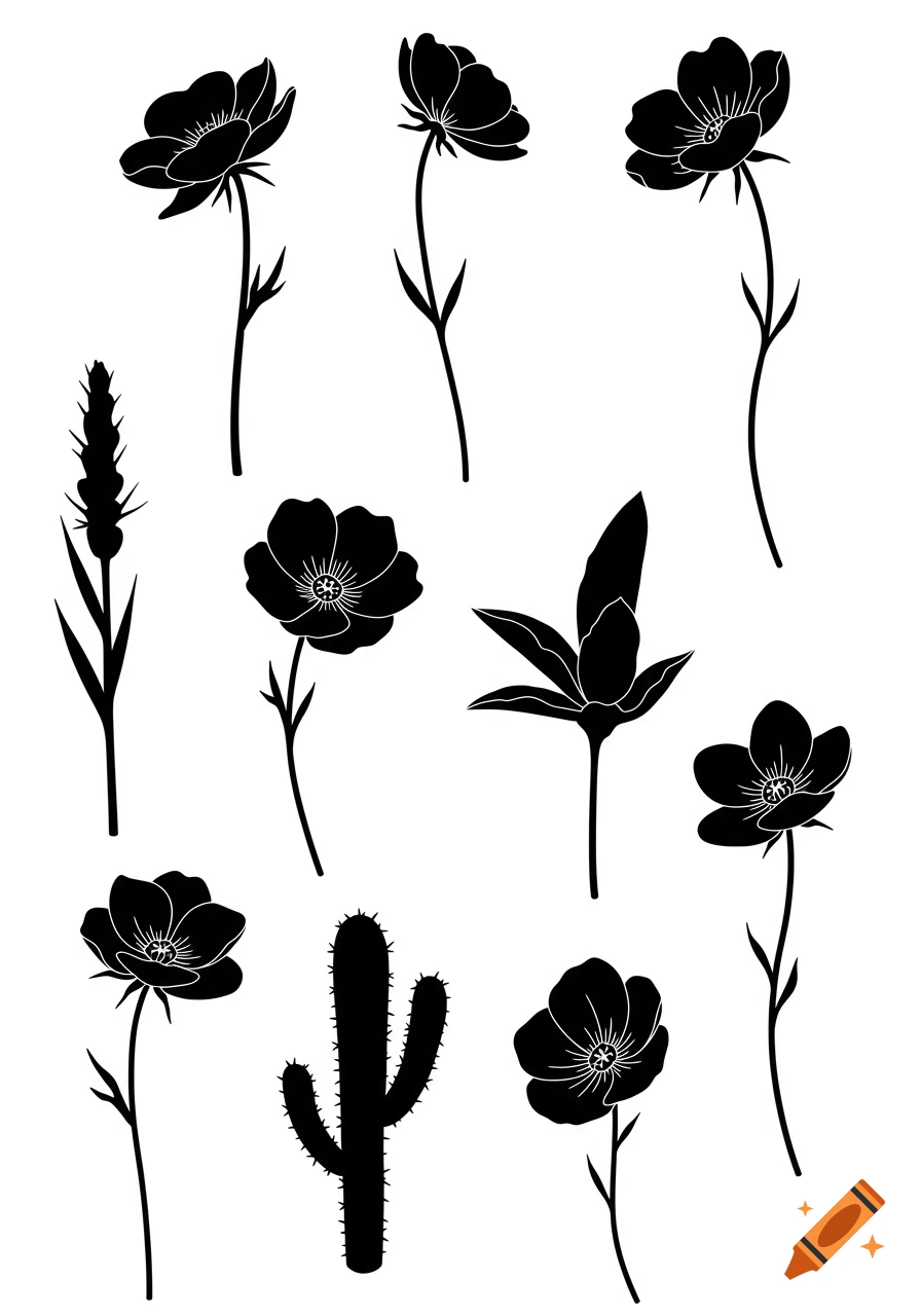 Ten black minimalist silhouettes of various flowers, a cactus, and other plants on a white background.