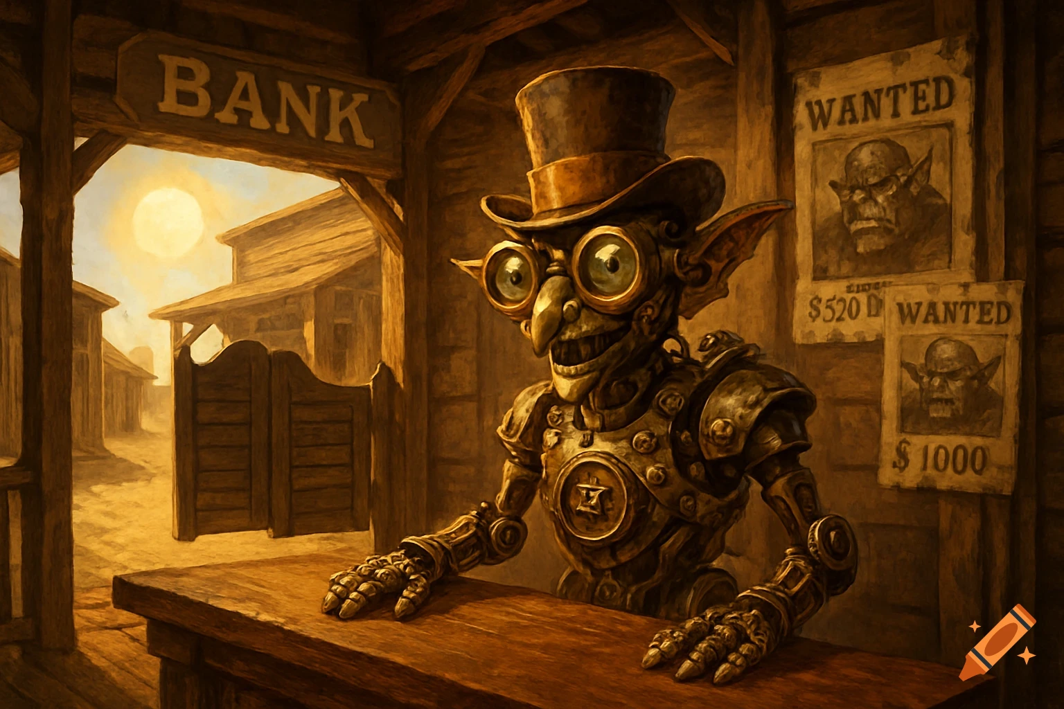 A steampunk clockwork goblin bank teller in a Wild West saloon with wanted posters and a dusty street at high noon, digital painting.