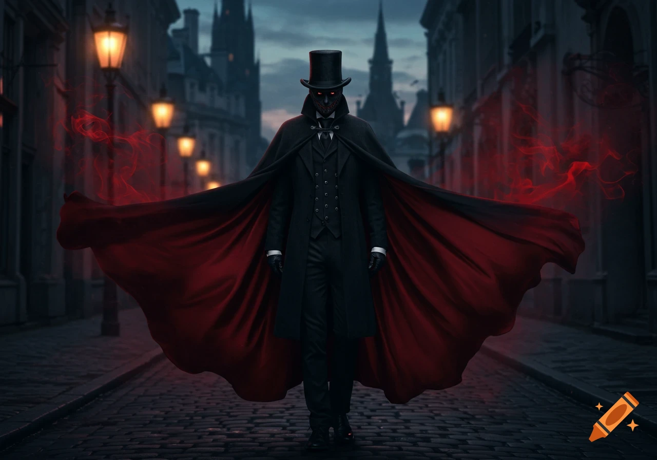 A menacing figure in a top hat, black suit, and red-lined cape with glowing red eyes and red mist, stands on a dark cobblestone street.