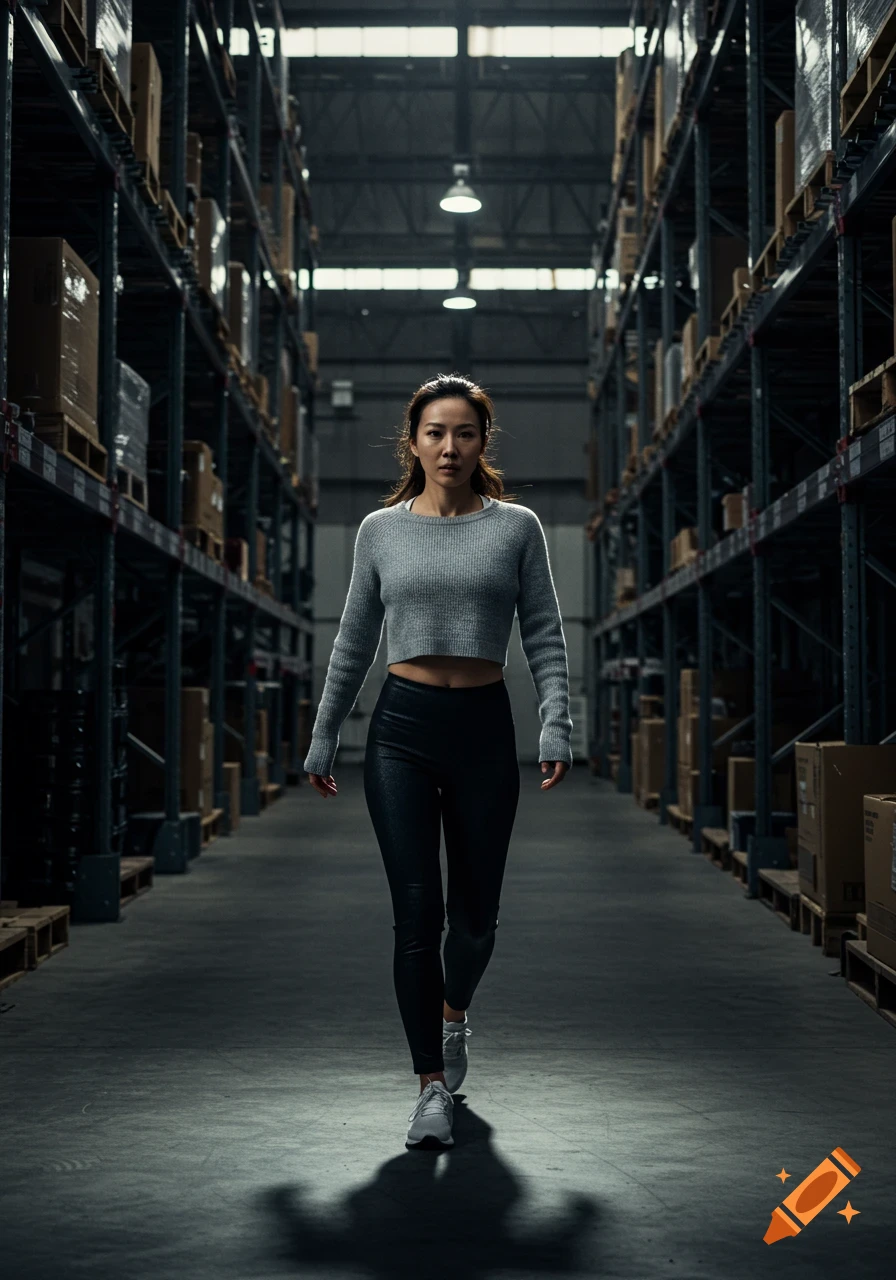 Photorealistic image of a Taiwanese woman in a grey cropped sweater and black leggings walking through a dimly lit warehouse aisle.