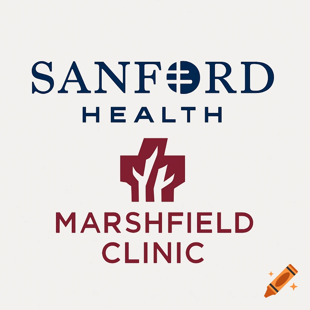 Logo featuring the names Sanford Health and Marshfield Clinic with a cross and tree-like symbol.