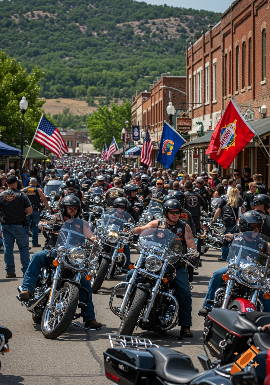 A large group of bikers on motorcycles parades down a street lined with brick buildings, American flags, and green hills in the background.
