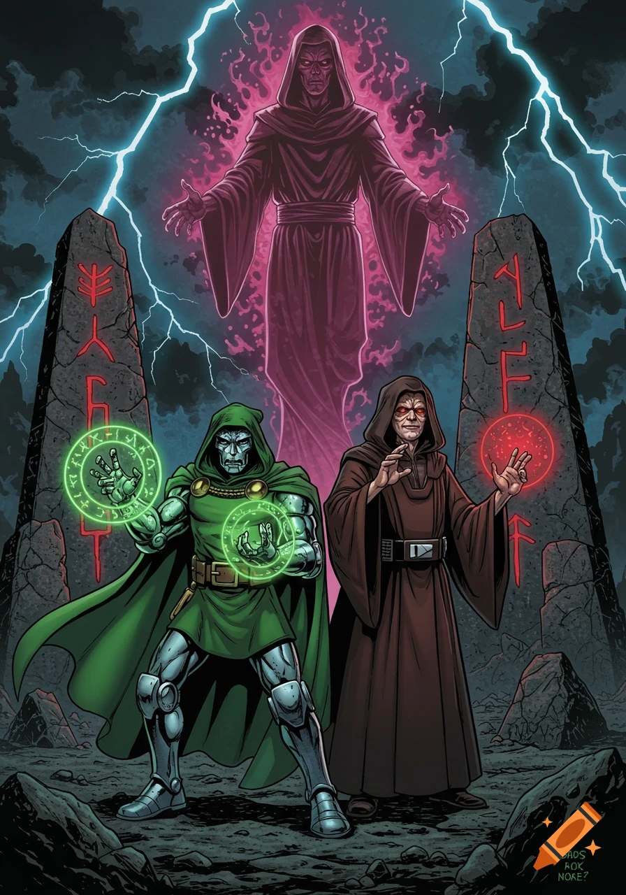Dr. Doom and Palpatine stand between two runic monoliths, casting green and red energy, while a glowing, robed Darth Nihilus appears behind them, against a stormy, lightning-filled sky in a comic book style.