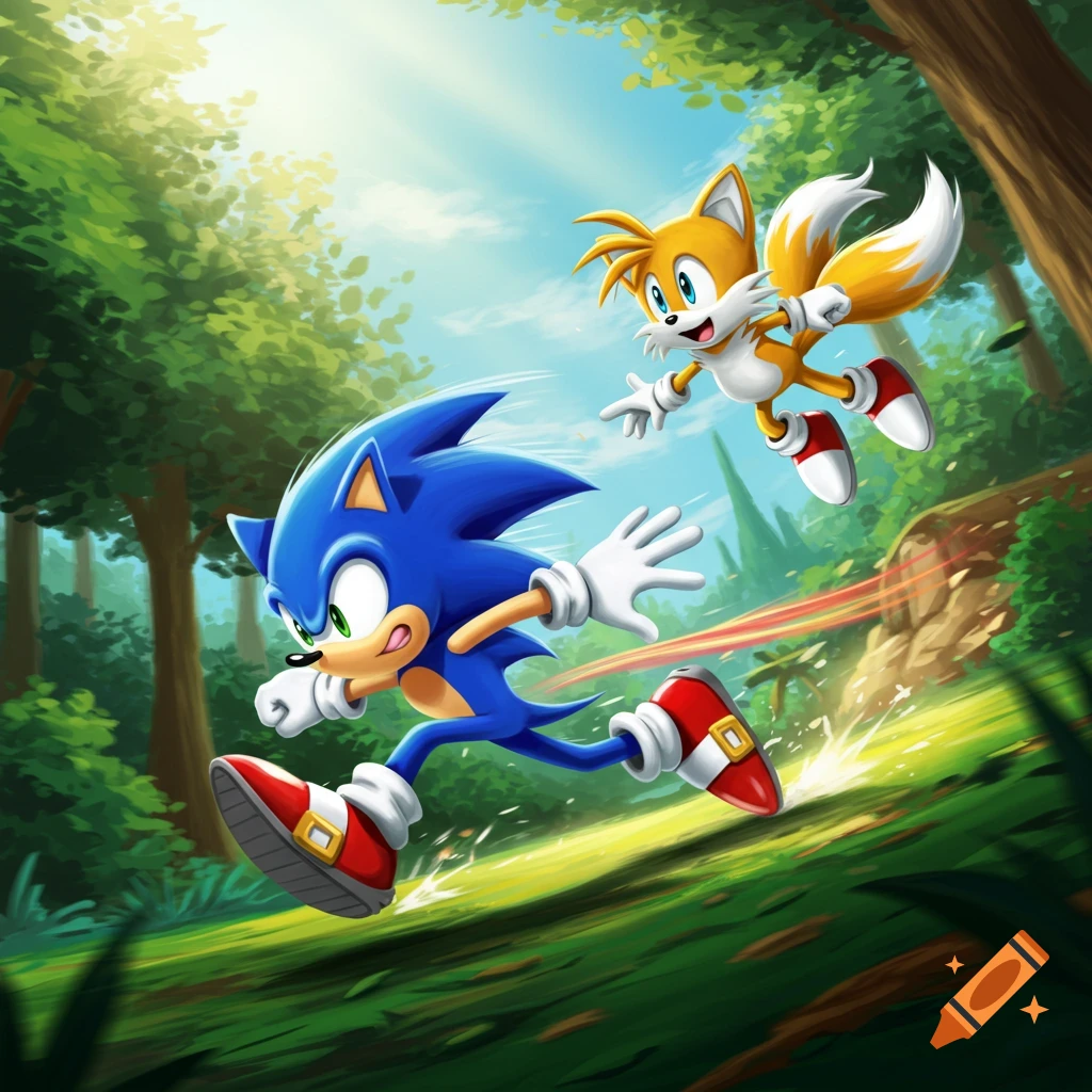 Sonic the Hedgehog runs quickly through a forest with Tails flying happily behind him, in a vibrant animated style.