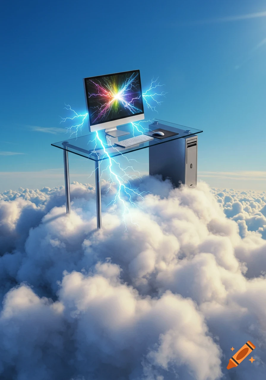 A desktop computer and glass desk sitting on fluffy white clouds with bright blue lightning striking around it against a clear blue sky.