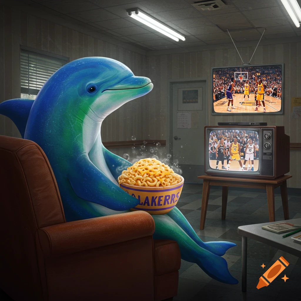 A blue and green dolphin sits in an armchair, eating mac and cheese from a bowl labeled 'LAKERRS', while watching a basketball game on two televisions in a sterile room.