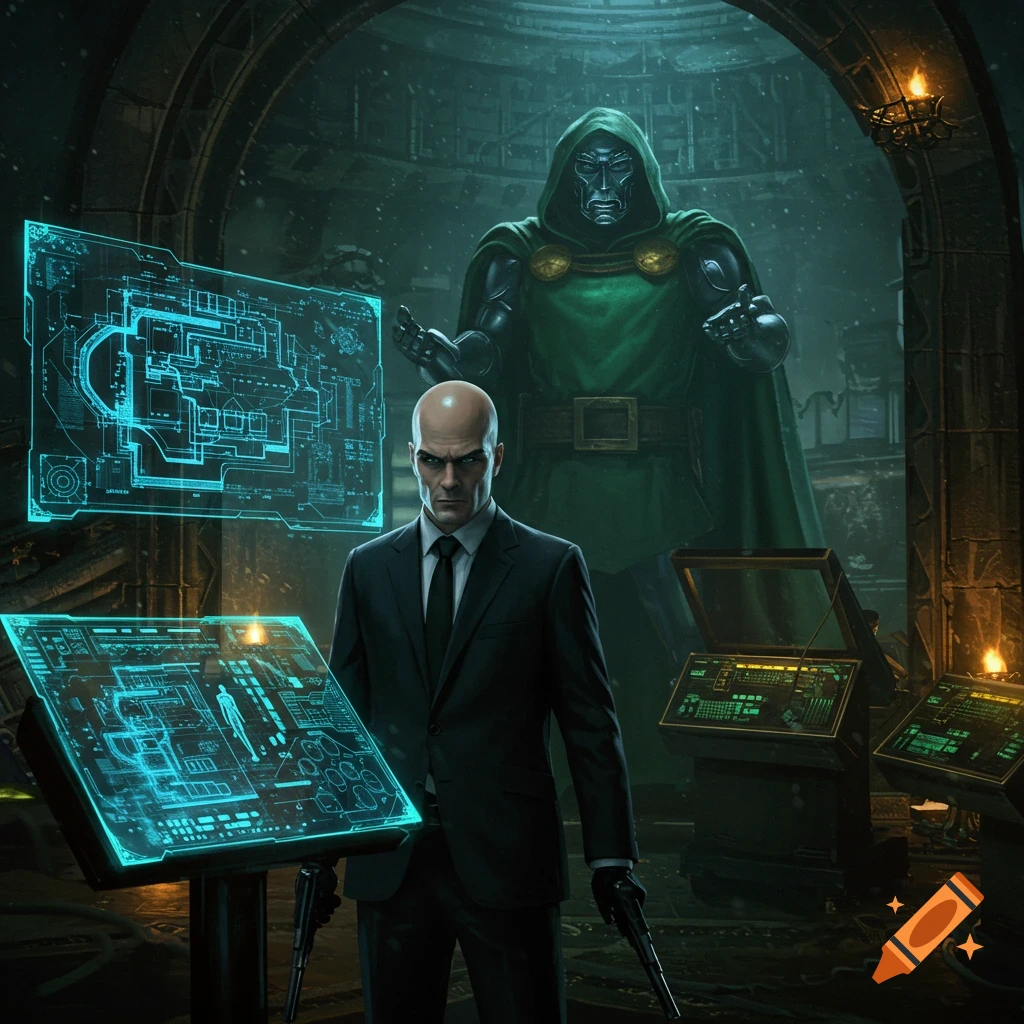 Agent 47 with guns examines glowing schematics, Dr. Doom behind him in a dark, high-tech lair, photorealistic.