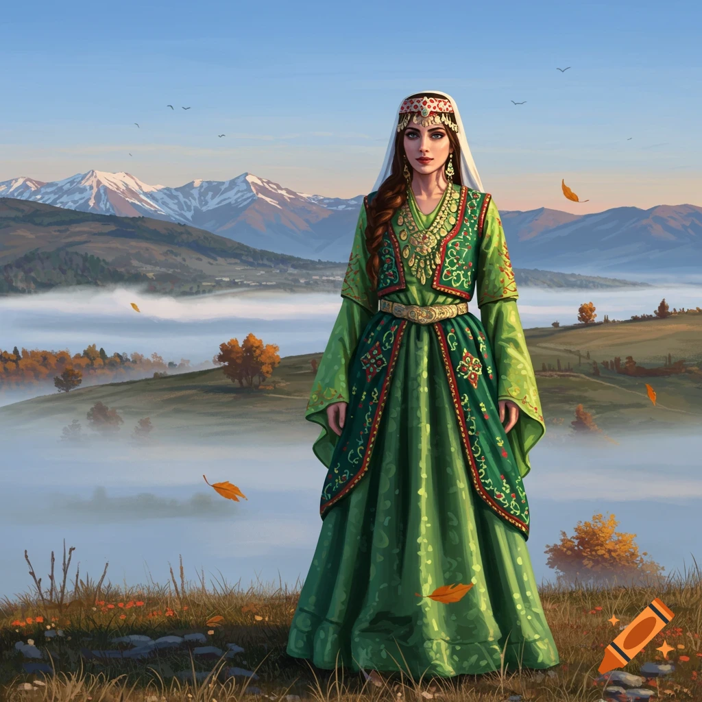 A woman in a green traditional Kurdish dress and headpiece stands on a grassy hill overlooking a misty, mountainous autumn landscape.