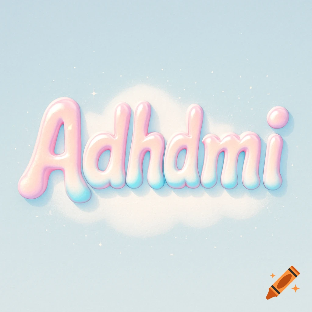Bubbly 3D text 'Adhdmi' in pastel pink, white, and light blue on a soft blue background with subtle glitter.