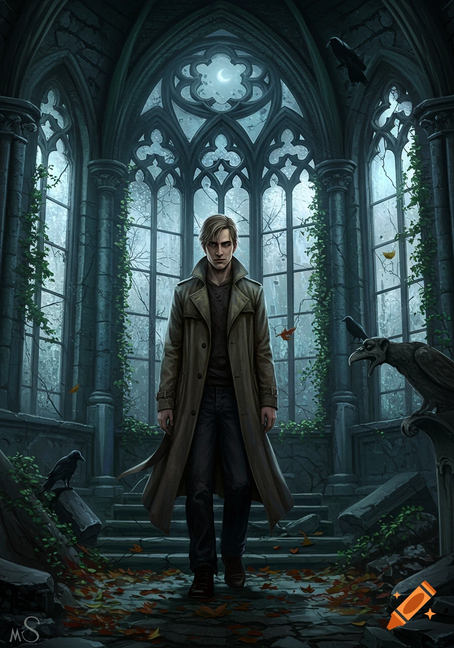 A fair-haired man in a tan trench coat walks through a ruined gothic hall with ornate windows and autumn leaves.