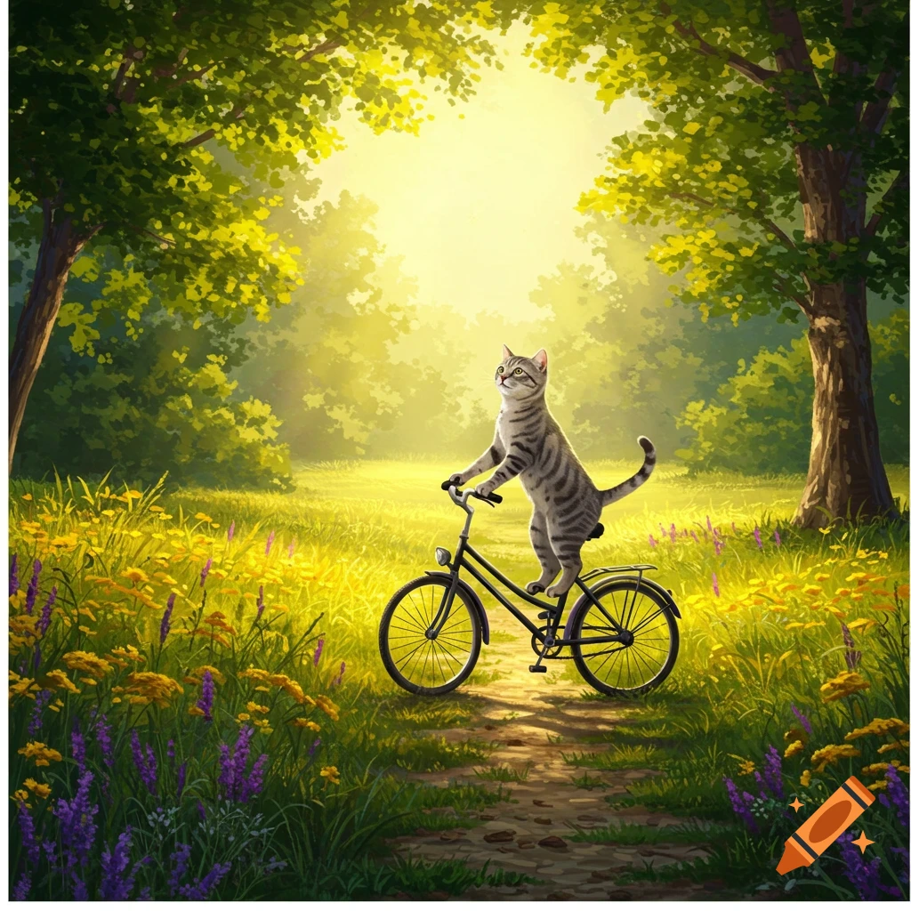 A striped tabby cat stands on a bicycle, riding on a dirt path through a sunlit forest with vibrant green trees and yellow and purple wildflowers, in a digital painting style.