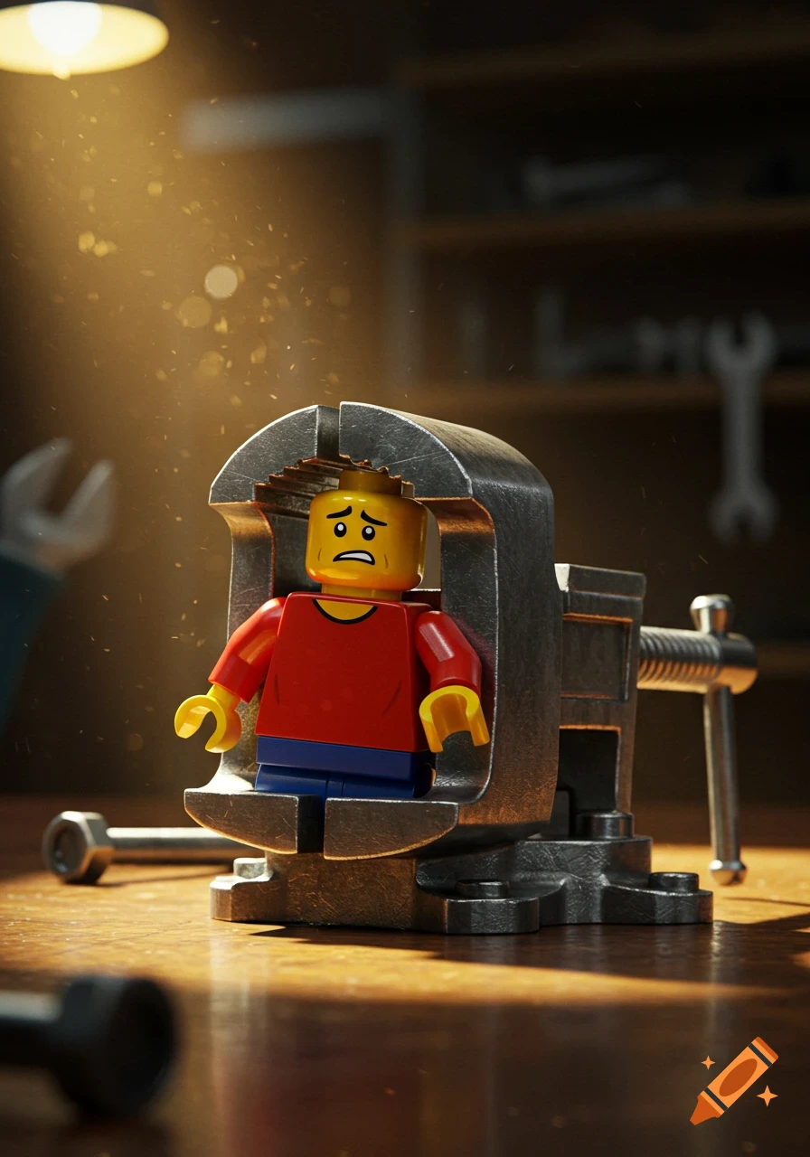 A photorealistic LEGO minifigure with a nervous expression is clamped in a metal vise on a wooden workshop table.
