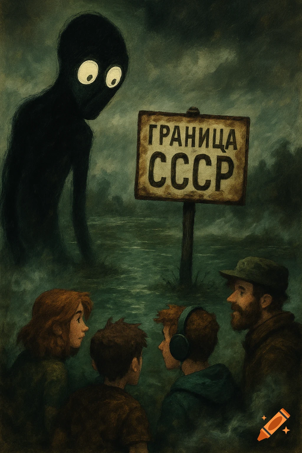 A dark, shadowy figure with glowing eyes looms over four people looking at a 'ГРАНИЦА СССР' sign in a murky green landscape, in an eerie art style.