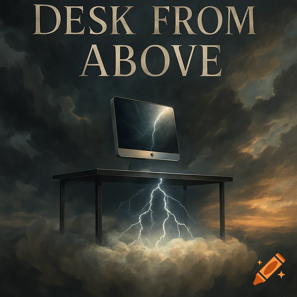 Dramatic digital art of a desk and computer floating above stormy clouds with lightning. Text reads 'DESK FROM ABOVE'.