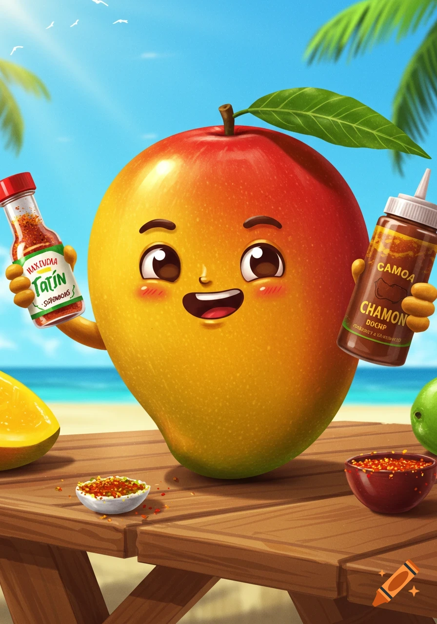 A happy cartoon mango character on a beach holds a bottle of chili powder and a bottle of chamoy, with a mango slice and spice bowls on a wooden table.