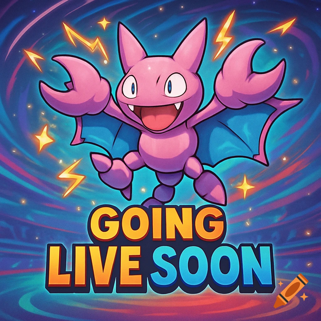 A vibrant cartoon illustration of a pink Gligar Pokémon with blue wings, jumping above the text 'GOING LIVE SOON', against a swirling starry background.