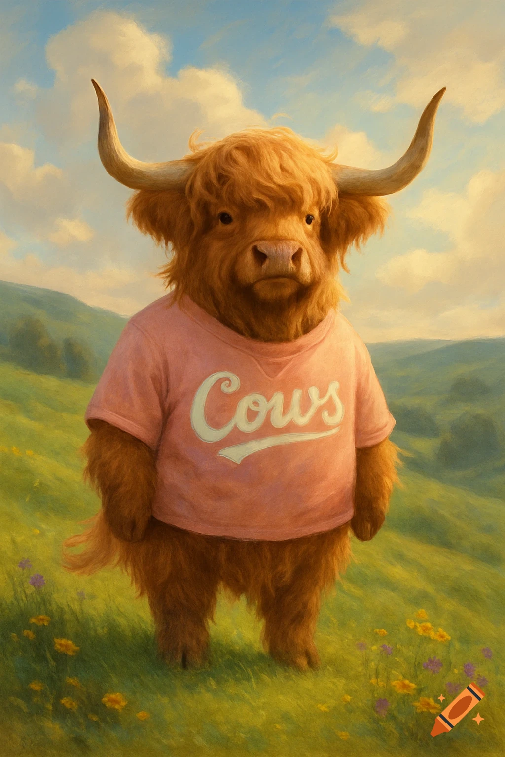 A whimsical highland cow with long orange fur and horns wears a pink t-shirt with "Cows" written on it, standing in a grassy field under a cloudy sky.