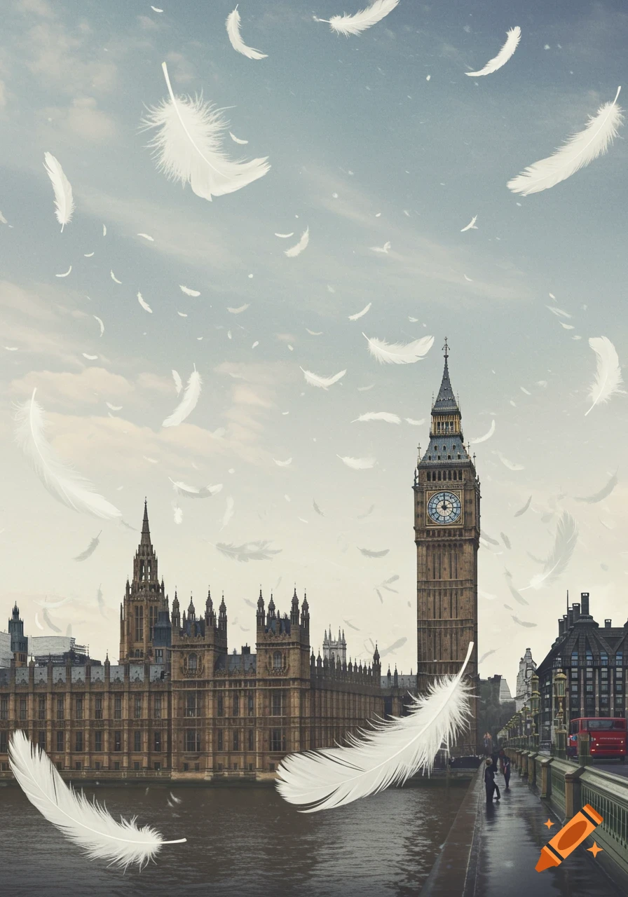 White feathers rain down on the Houses of Parliament and Big Ben in London, with a red bus on a bridge and people walking below.
