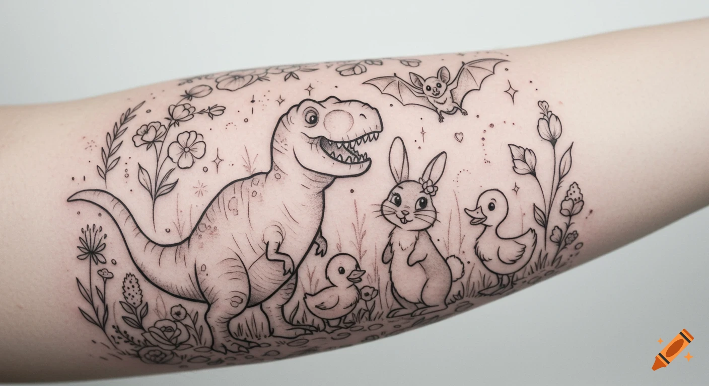 Black and grey line art tattoo on an arm, featuring a cheerful dinosaur, bunny, two ducklings, and a bat surrounded by flowers.