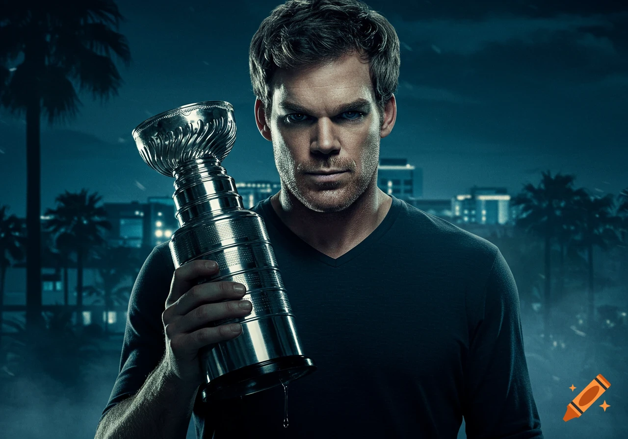 A man resembling Dexter Morgan holds a Stanley Cup trophy, with a dark, moody background of city buildings and palm trees.
