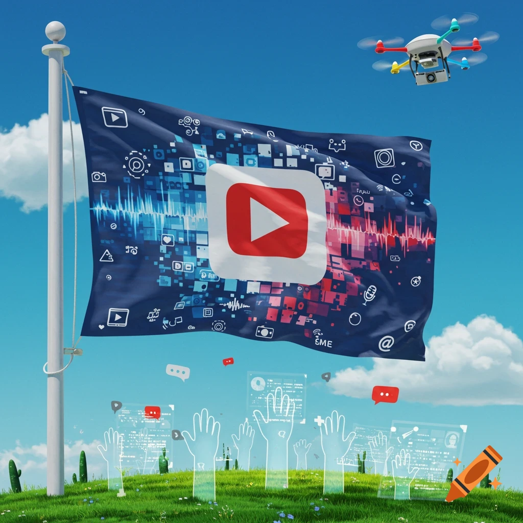 A flag with a YouTube play button and social media icons flies above glowing hands in a field, with a drone overhead.