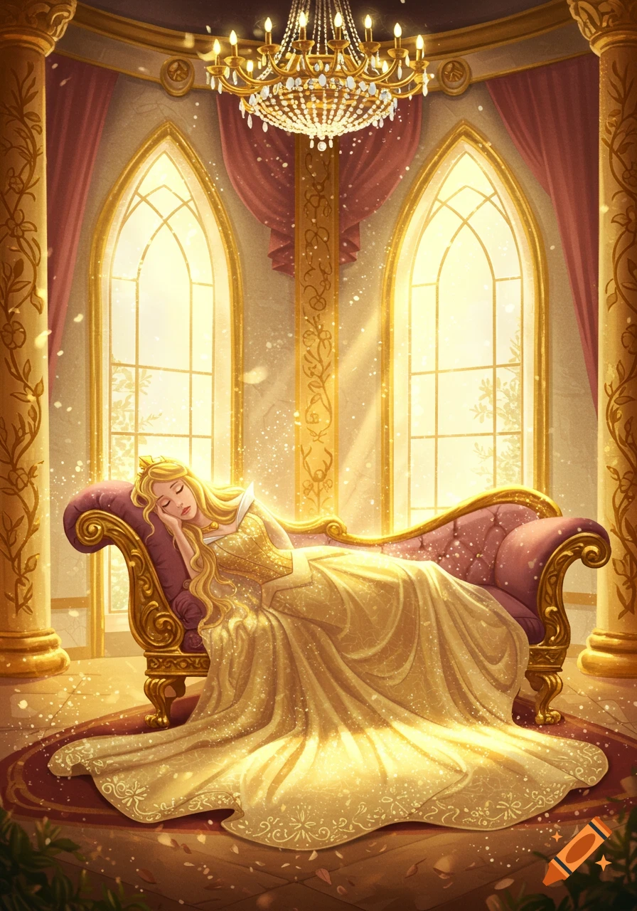A blonde princess sleeps on an ornate chaise lounge in a sunlit golden castle, wearing a shimmering gold dress.
