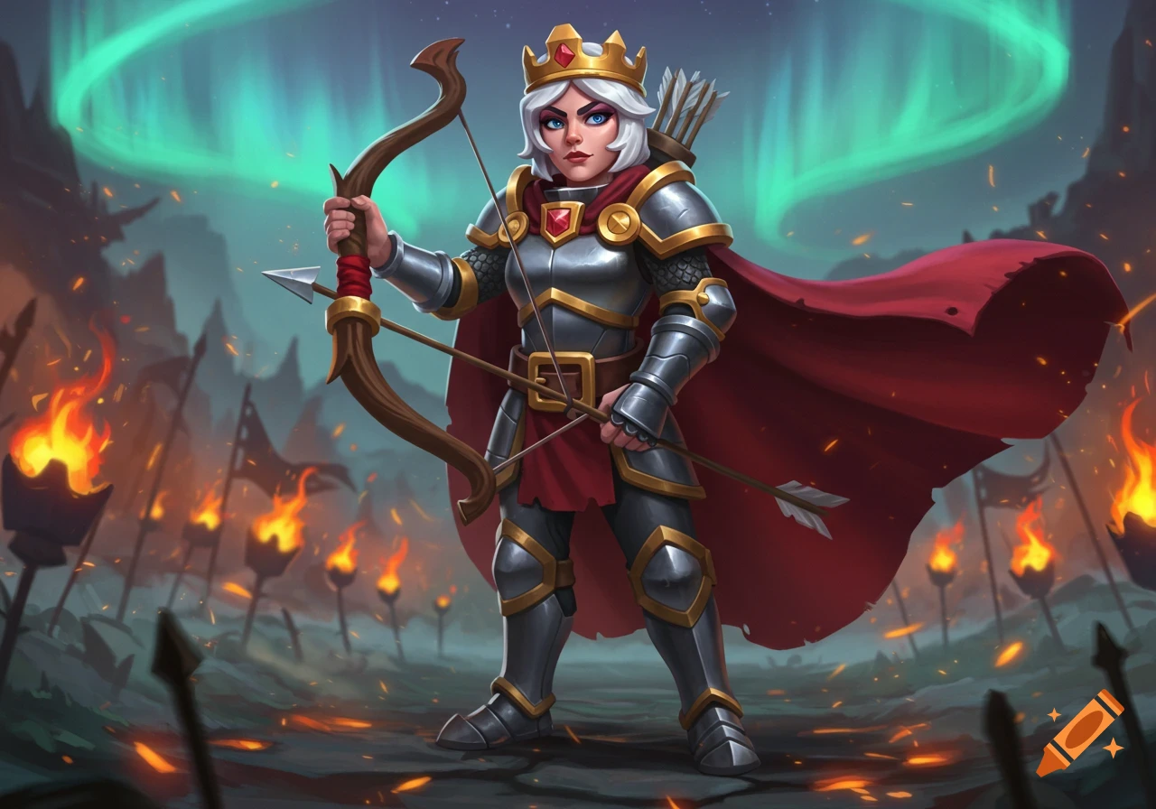 Stylized armored archer queen with a crown, holding a bow and arrow on a torch-lit battlefield under an aurora.