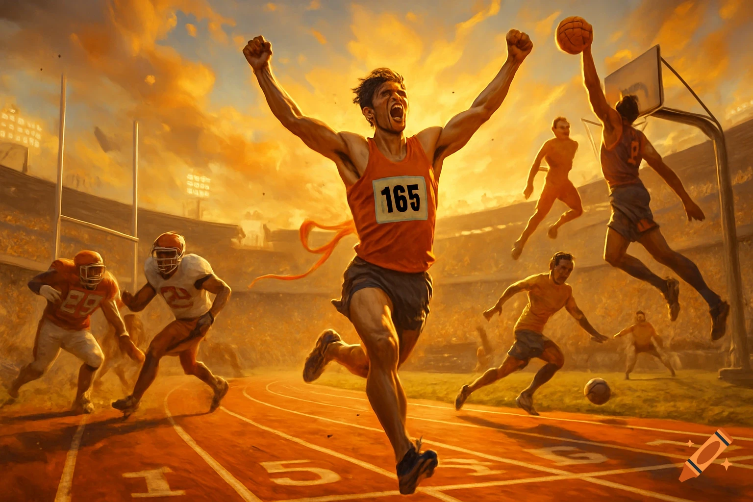 Triumphant runner with arms raised, surrounded by football, basketball, and soccer players in a dynamic, golden-hour sports stadium.