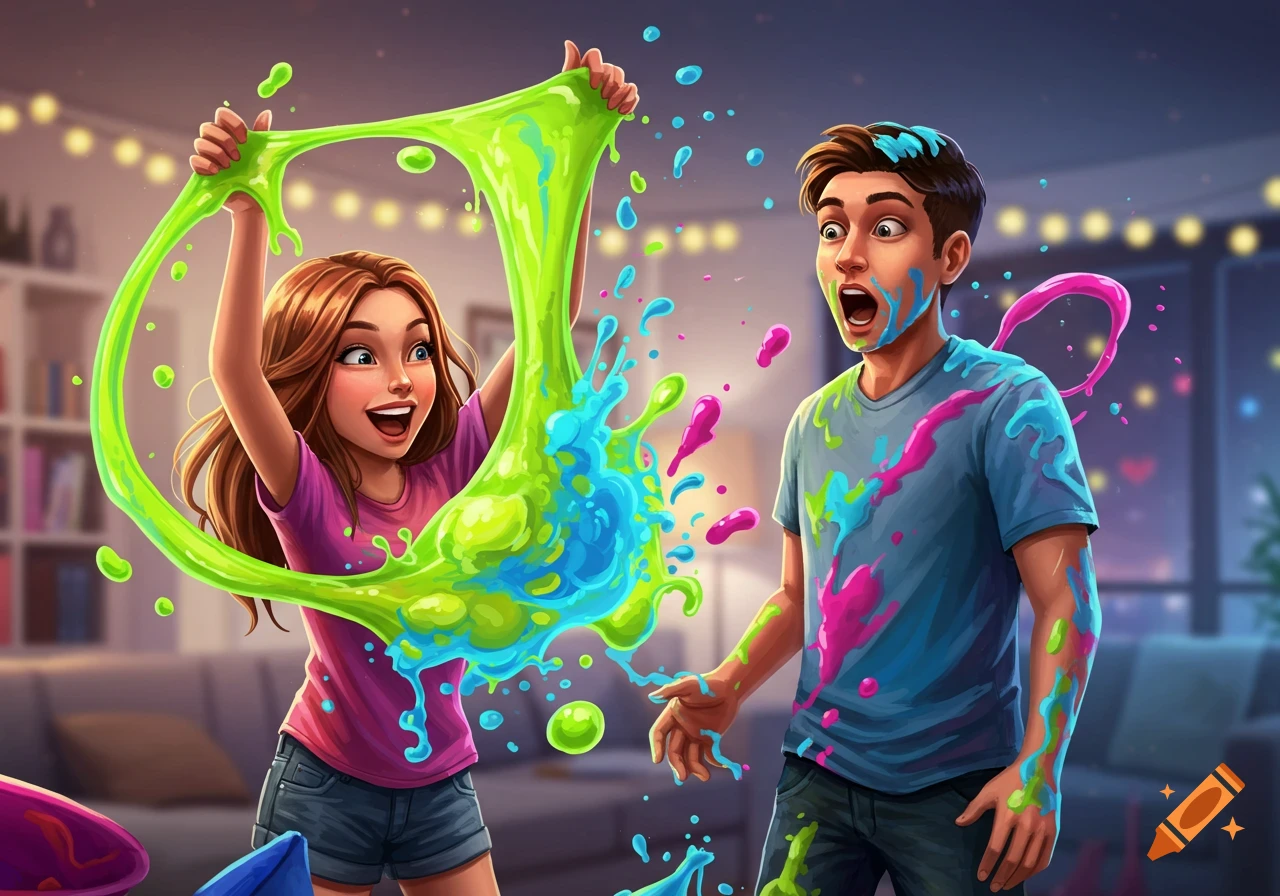 A cartoon girl stretches green slime, splashing blue and pink goo onto a surprised boy, in an indoor setting.