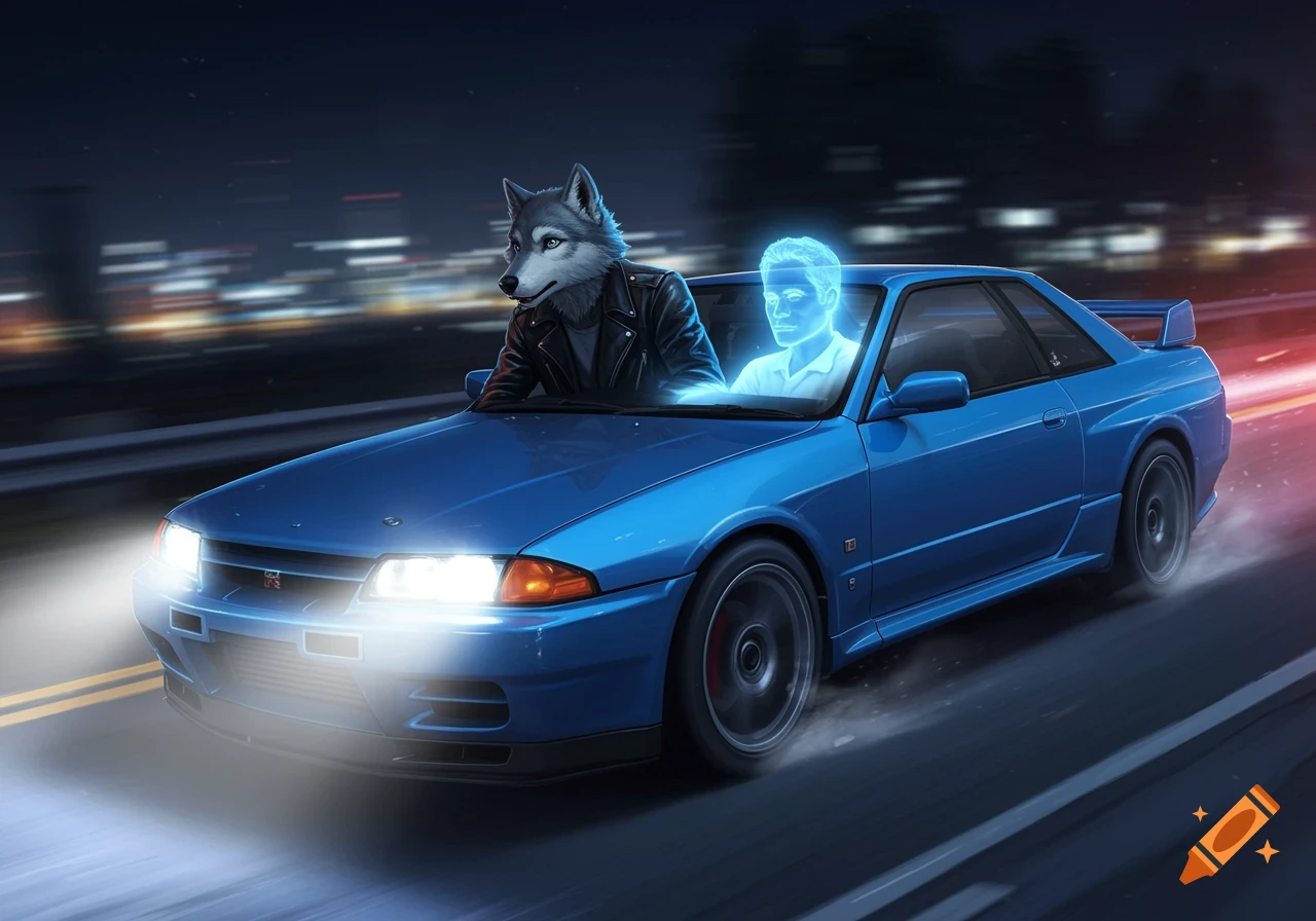 A wolf in a leather jacket drives a blue Nissan Skyline at night with a glowing blue ghost as a passenger, motion blur in the background.