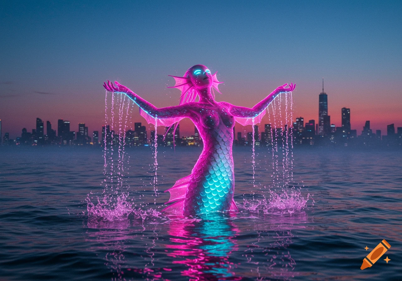 A vibrant, neon pink and blue siren stands in the water at dusk, with a city skyline in the background.