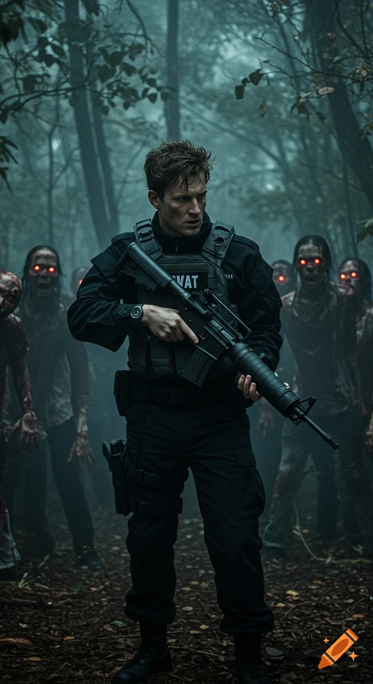 Photorealistic image of a tactical SWAT officer holding an M16 rifle in a foggy forest, surrounded by zombies with glowing red eyes.