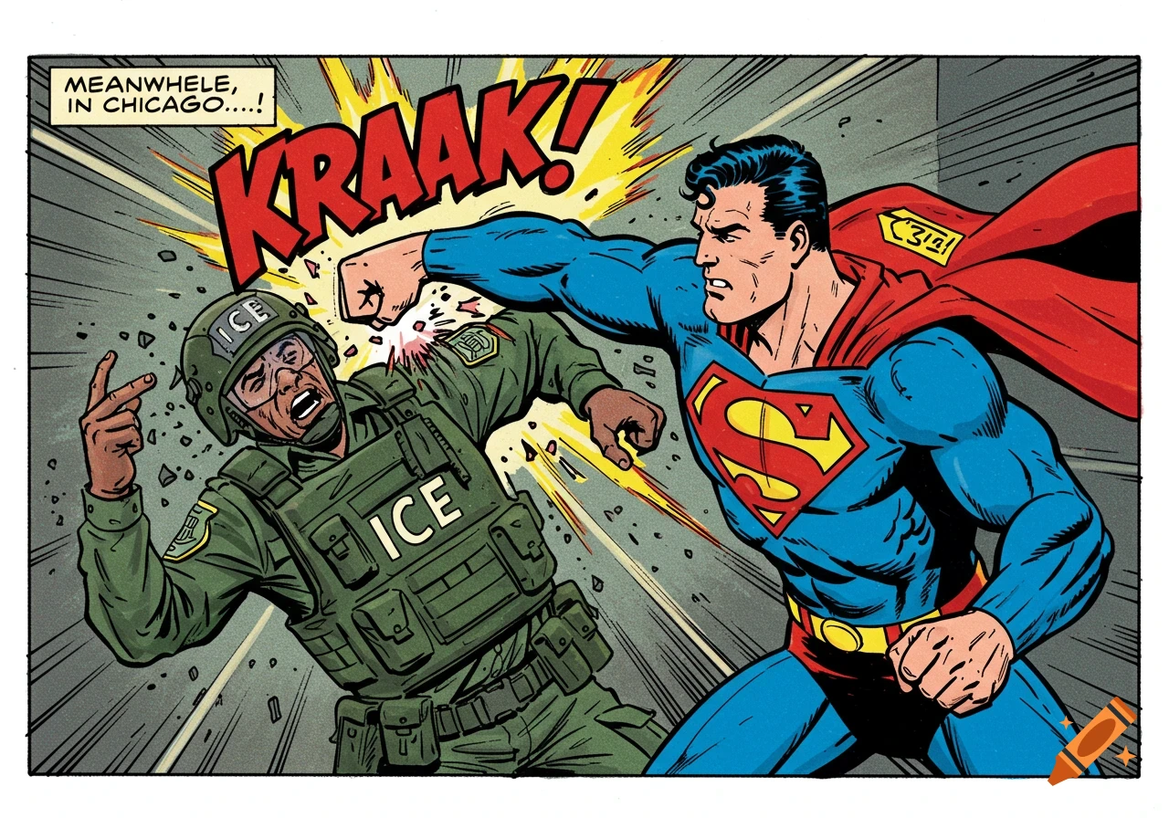 Superman punches an ICE officer in the jaw, with the sound effect KRAAK! and a caption 'Meanwhile, in Chicago....!' in a classic comic book style.