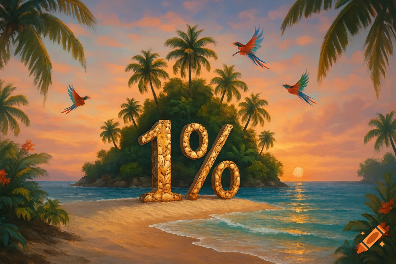 A painting of a tropical island at sunset, with large gold-textured '1%' numbers on a sandy beach. Palm trees frame the scene, and parrots fly in the colorful sky.