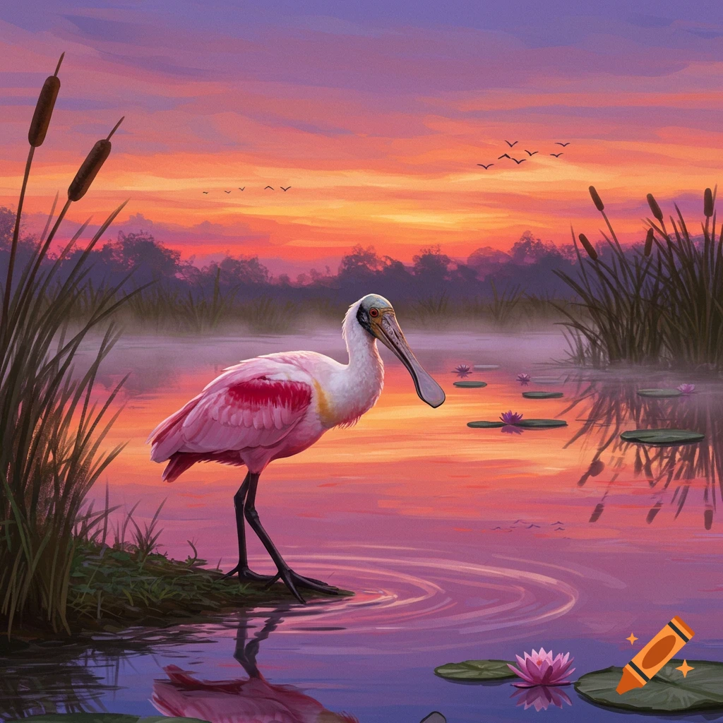 A pink Roseate Spoonbill stands in a tranquil wetland at sunset, reflected in the water with lily pads and cattails.