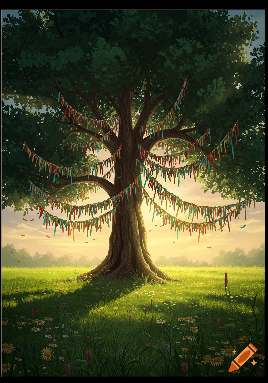 A large, leafy tree stands in a sunny green field, its branches adorned with numerous colorful ribbons, under a bright, clear sky.
